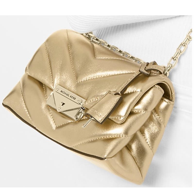 Michael Kors Metallic Gold Cece Quilted Leather Lock Gold Chain Crossbody Euc